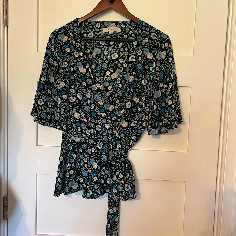 LOFT Black Floral Wrap Blouse with Blue and White Blooms
